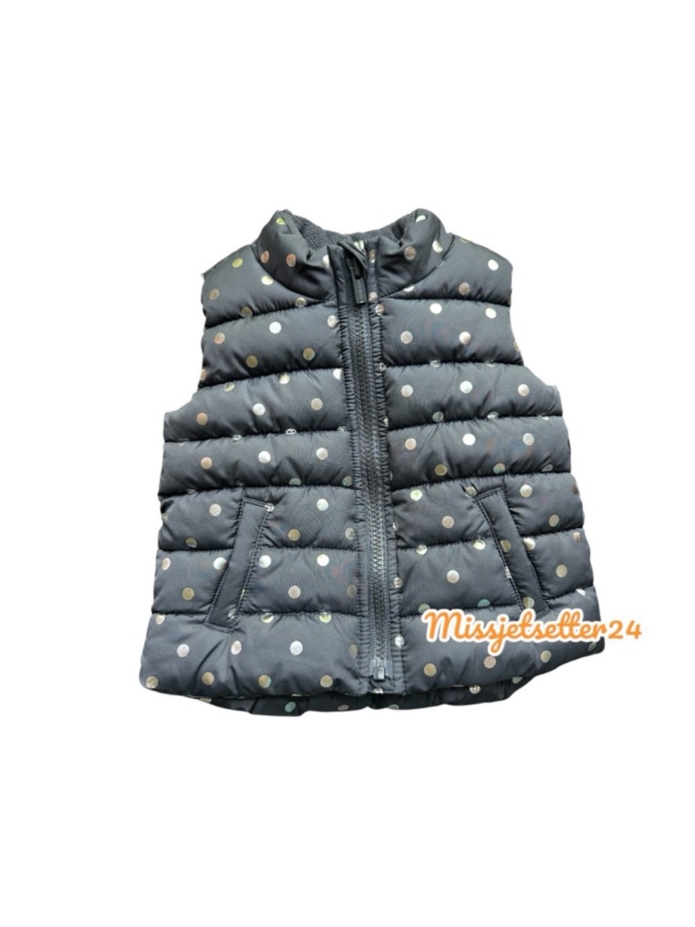 Old Navy Infant Puffer Vest 18-24 months Charcoal Gray Silver Shiny Polka Dots